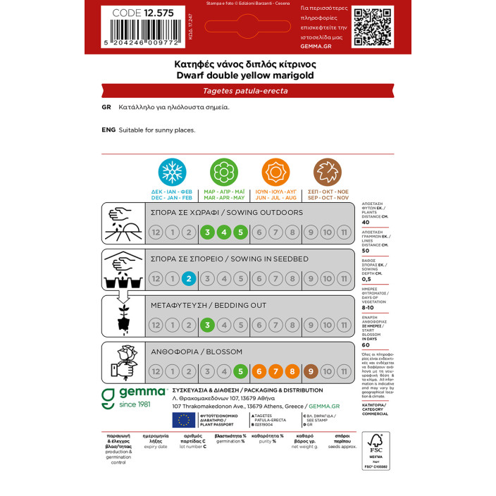 Gemma Σποροι hortus φακελα κατηφες διπλος κιτρινος 25 cm